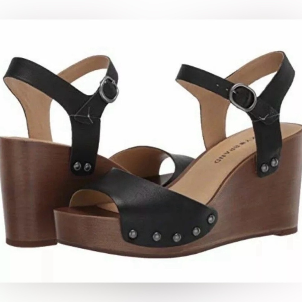 Lucky Brand Black and Brown Wedge Sandals Size 6.5